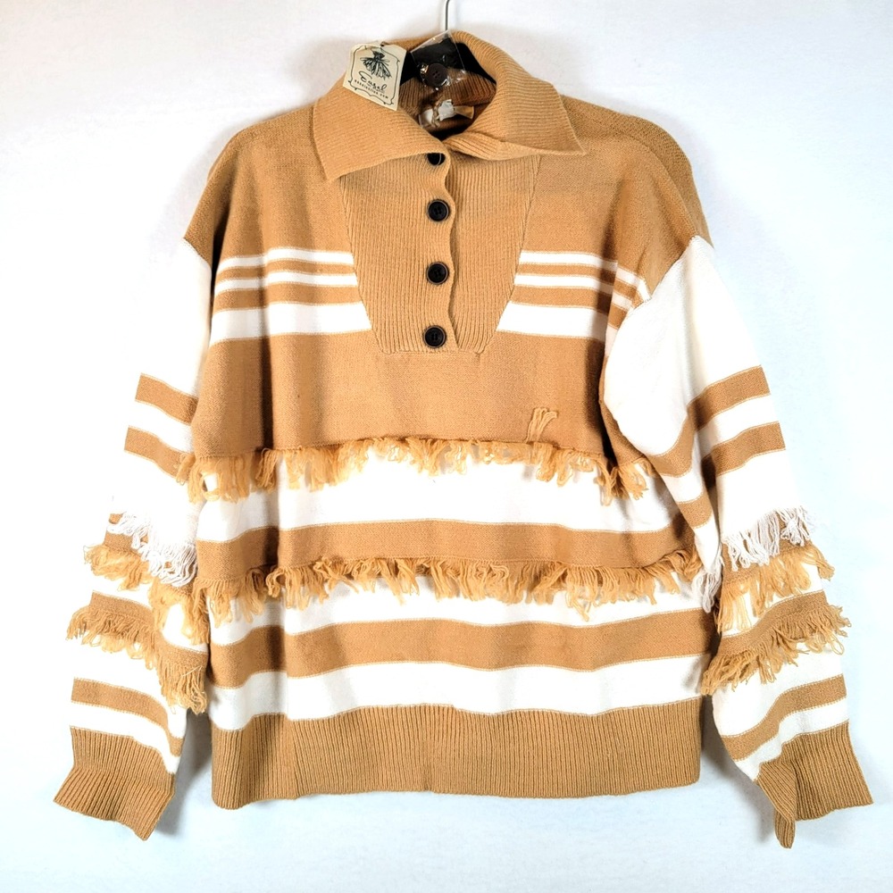 Easel Womens Striped Fringe Knit Oversized Button Top Sweater Size Medium Brown